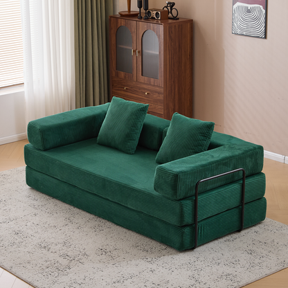 Boden-Couch, Kompressions-Sofa, Umwandelbares Boden-Sofa-Bett – mit Kissen-Rückenstütze und Armlehne, Bequeme Futon-Couch-Liege-Schlafsofa, Corduroy-Stoff, für Wohnzimmer und Schlafzimmer, Dunkelgrün