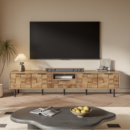 TV-Ständer 78 für 85 75 65 Zoll Fernseher, TV-Konsolen für das Wohnzimmer, Unterhaltungszentrum Holz TV-Medien mit Stauraum
