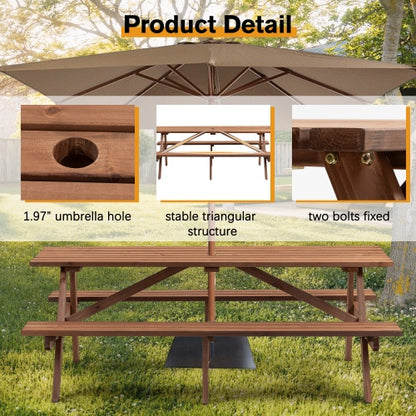 8-Person-Brauner Holztisch für Picknick, Outdoor-Camping-Esstisch mit 2 Sitzen, Garten, DIY mit 2 integrierten Bänken, Tragfähigkeit 2220 lb