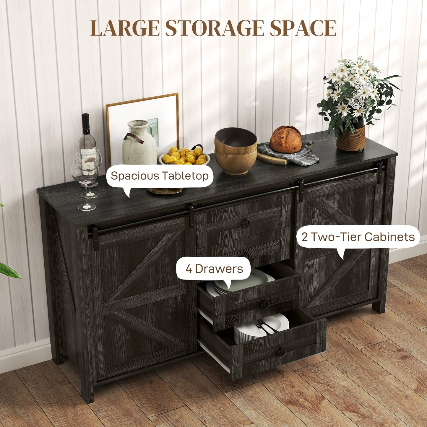 60 Buffet Cabinet, Farmhouse Sideboard With Sliding Barn Doors, Drawers And Adjustable Shelves, Distressed Dark Gray