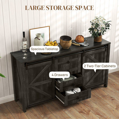 60 Buffet Cabinet, Farmhouse Sideboard With Sliding Barn Doors, Drawers And Adjustable Shelves, Distressed Dark Gray