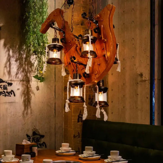 DecorBites™ rustic wooden horse-shaped chandelier with e26 e27 kerosene clear glass shades and white tassels for dining room