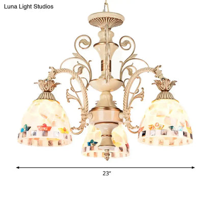 Beige and gold decorbites chandelier pendant light with three stained glass tiffany style mosaic shades