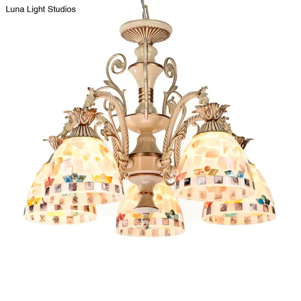 Beige and gold-toned DecorBites™ chandelier with five stained glass tiffany style mosaic shades pendant light