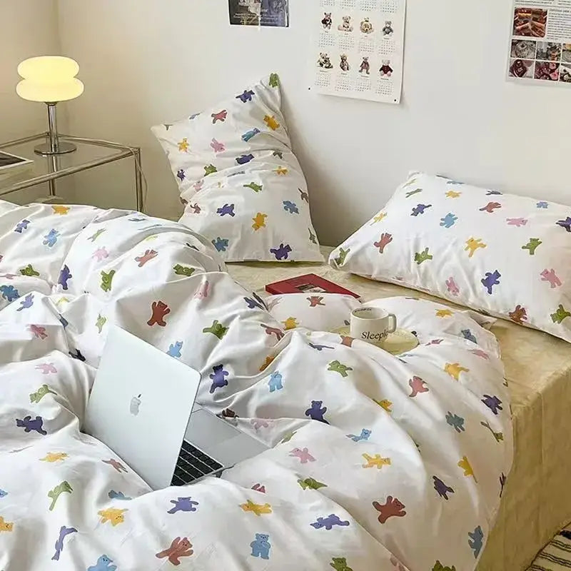 White duvet cover with colorful cartoon bear prints in checkerboard black and beige satin duvet cover set for bedroom bedding