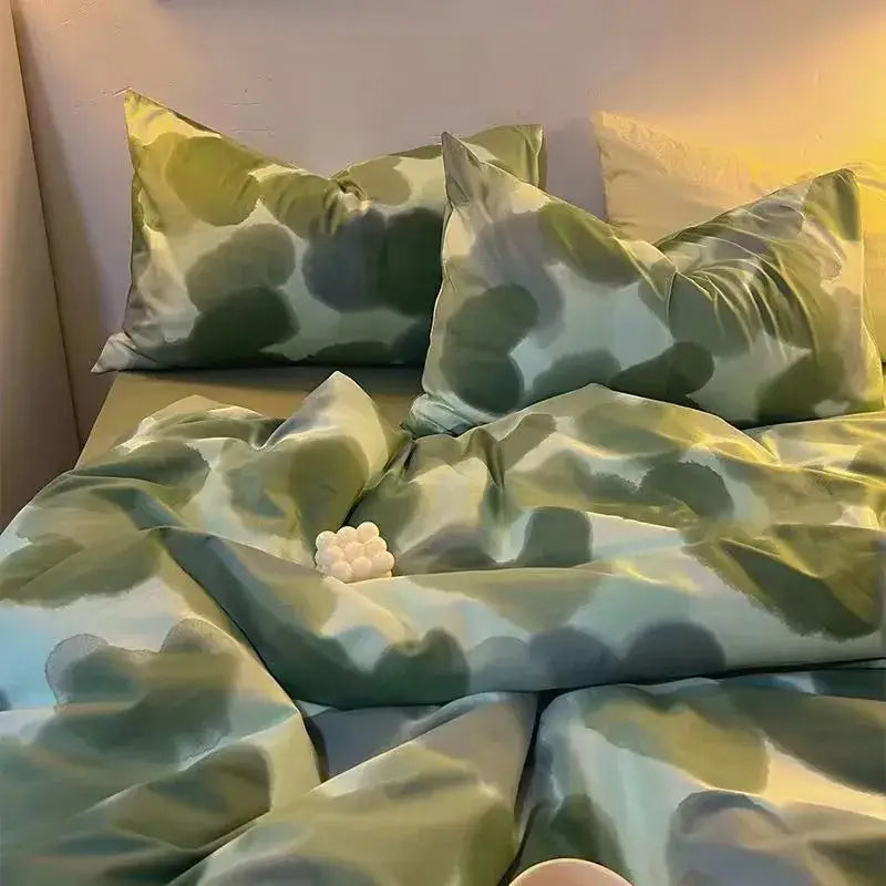Green and blue abstract patterned satin duvet cover set featuring luxurious fabric for stylish bedroom bedding