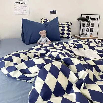 Blue and white diamond-patterned satin duvet cover set for bedroom bedding with stylish checkerboard design