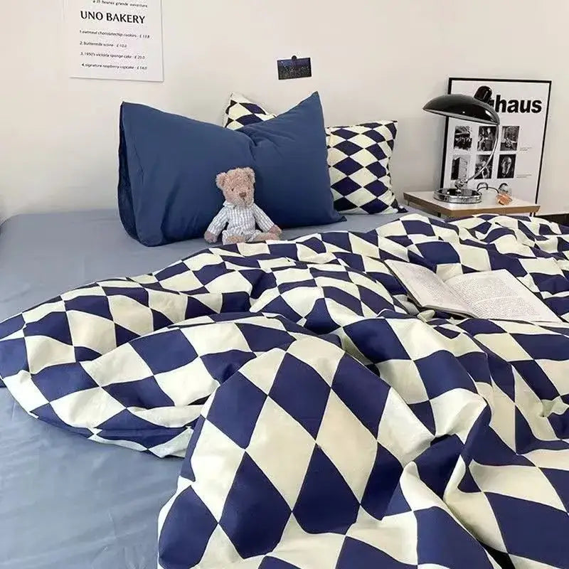 Blue and white diamond-patterned satin duvet cover set for bedroom bedding with stylish checkerboard design