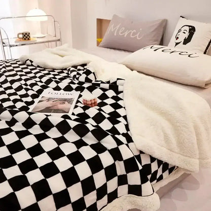 Black and white checkered decorbites checkerboard lamb fleece blanket with soft plush texture for bedroom throw decor