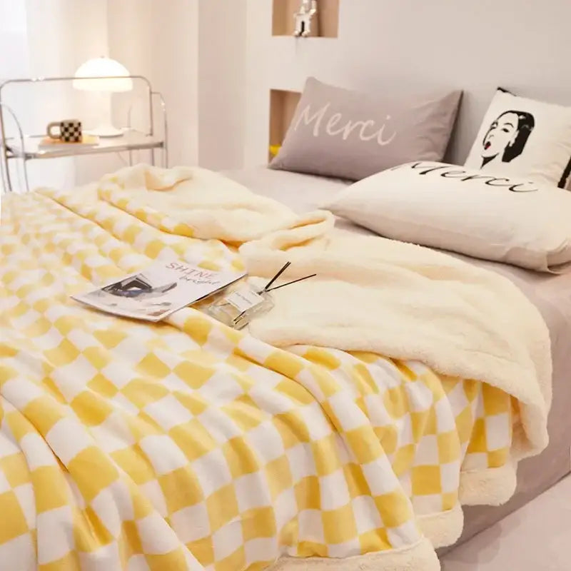 A cozy yellow and white checkered decorbites checkerboard lamb fleece blanket with soft plush texture for bedroom decor