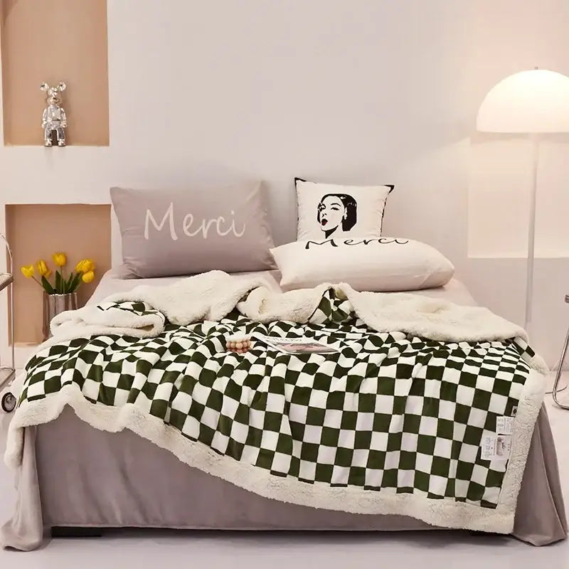 Green and white checkered fleece lamb fleece blanket with plush cream sherpa trim from decorbites checkerboard lamb collection