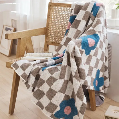 Cozy checkered beige and white decorbites knitted blanket throws 130x160cm with blue and pink floral motifs for bedroom decor