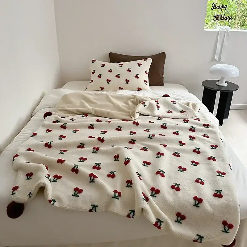 Cream sheep rollie loop fleece blanket with red cherry embroidery green stems and pom-poms at corners for bedroom use