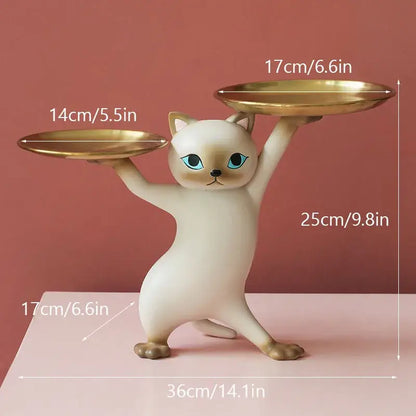 Chic cream and gold decorbites cat resin tray featuring a ceramic cat figurine with blue eyes holding gold trays