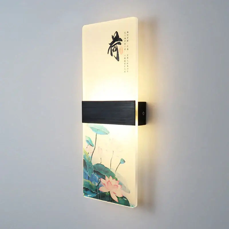 Rectangular wall lamp with cream acrylic shade featuring lotus flowers and calligraphy decorbites acrylic shade