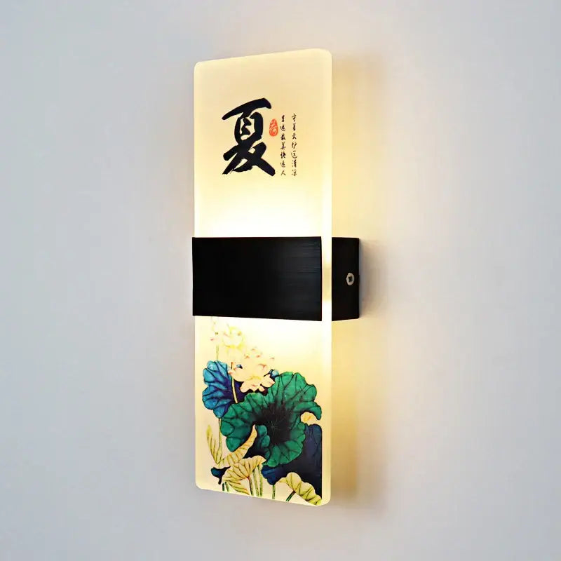 Rectangular wall lamp with a glowing acrylic shade featuring Chinese calligraphy and lotus flower decorbites acrylic shade