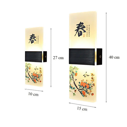 Beige rectangular wall lamp with black wood accent featuring chinese calligraphy acrylic shade decorbites acrylic shade