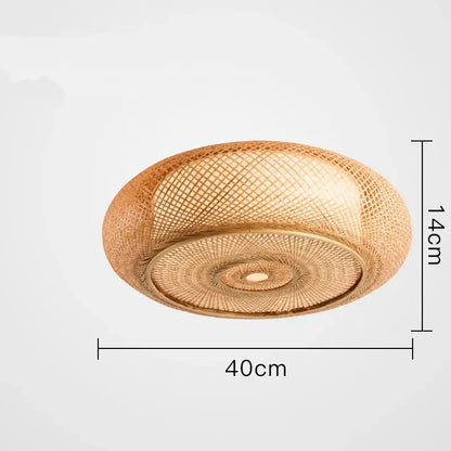 Chinese style bamboo wicker rattan round ceiling light with warm golden hue and intricate lattice design for living room