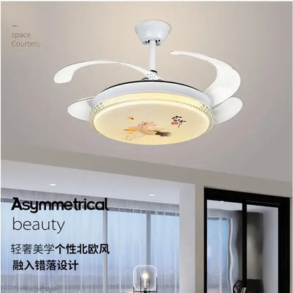 Chinese style white dimmable ceiling fan light with circular fan light featuring a chicken illustration and Chinese characters