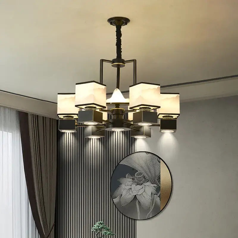 A modern dark bronze marble chandelier with square off-white fabric shades for living room decorbites chinese zen style