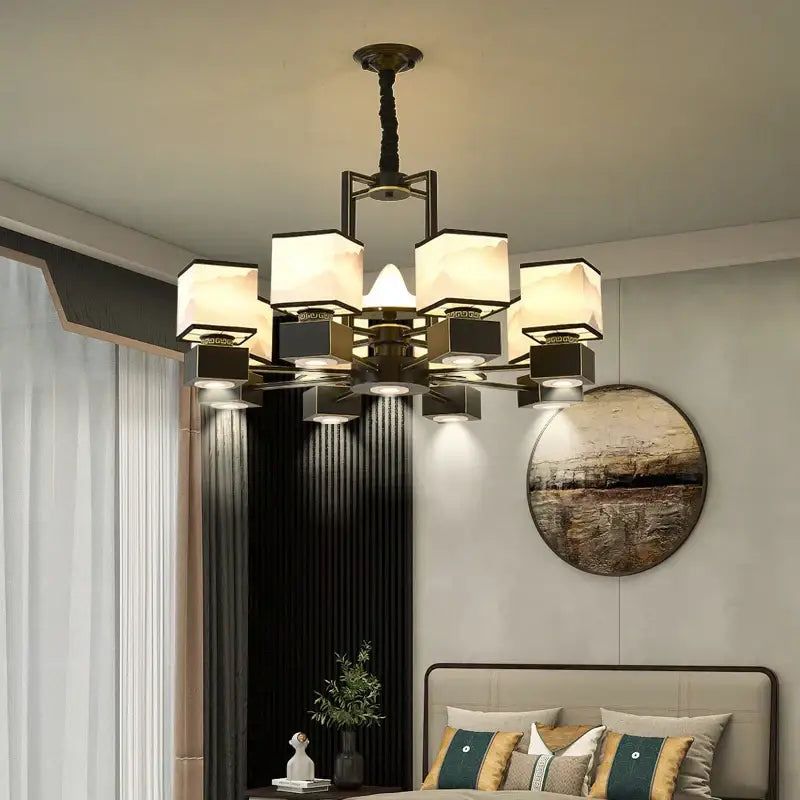 Modern bronze-finished chinese zen marble chandelier for living room with frosted glass and geometric metal frame decorbites chinese zen