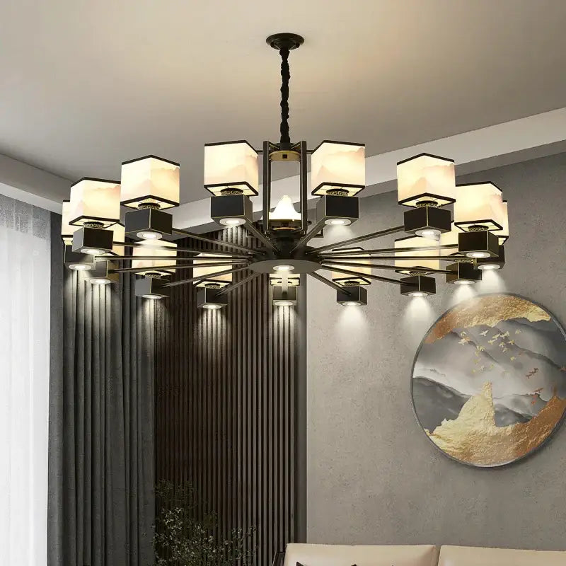 Modern black metal marble chandelier with warm-toned square frosted glass shades for decorbites chinese zen living room
