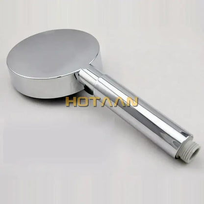 Chrome 5-function hand shower with gray grip featuring a chrome finish, cylindrical handle, and circular spray head