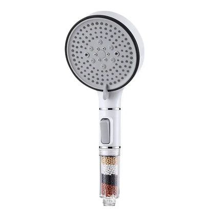 White handheld chrome shower head with calcium sulfite filter cartridge and five-speed spray nozzles for bathroom use