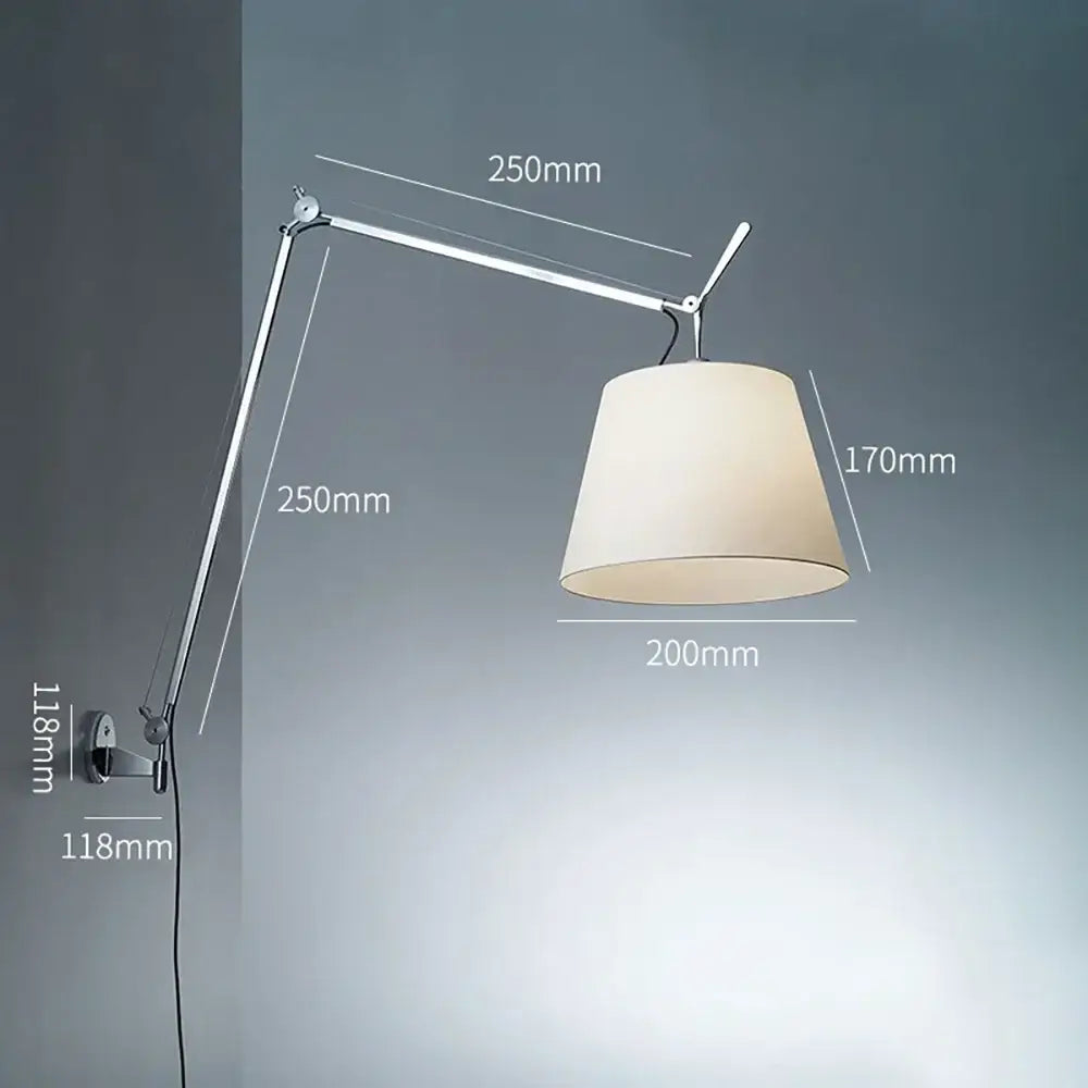 Adjustable industrial wall light with chrome finish and cream fabric shade for bedroom decorbites wall light