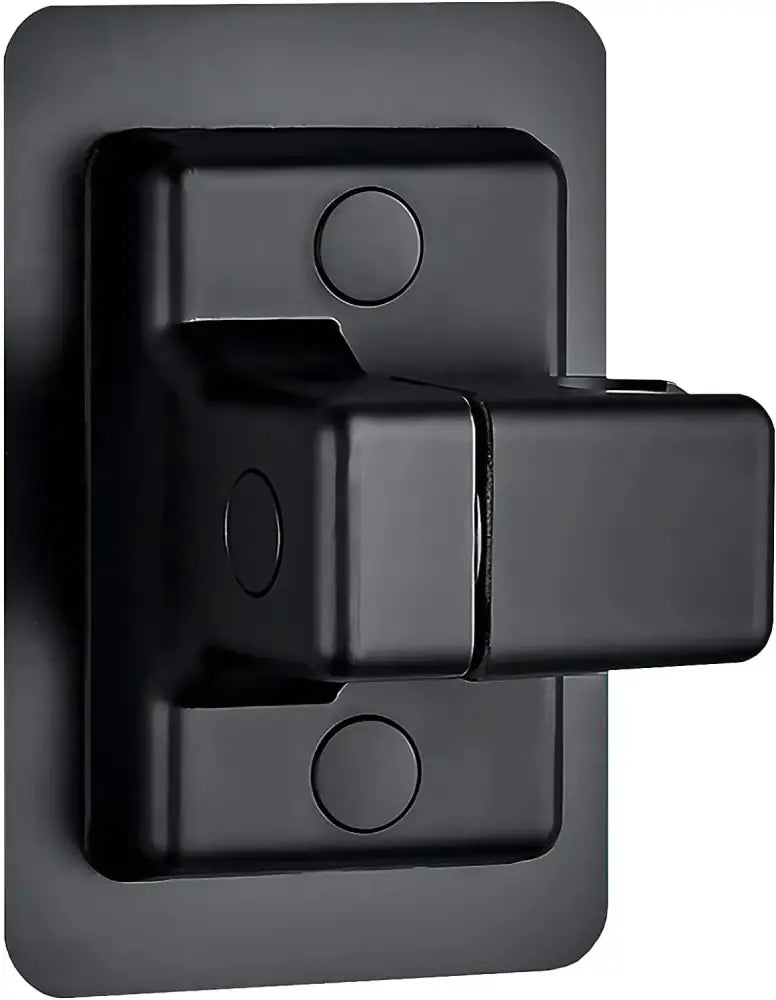 Black matte-finish metal latch with rectangular base and circular indentations for shower head holder adjustment