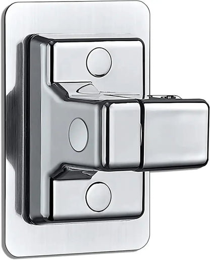 Chrome finished metal shower head holder with sleek rectangular design and three circular indentations for bathroom use