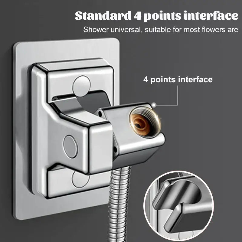 Chrome adjustable silver shower head holder with hose featuring a 4-point interface for universal compatibility
