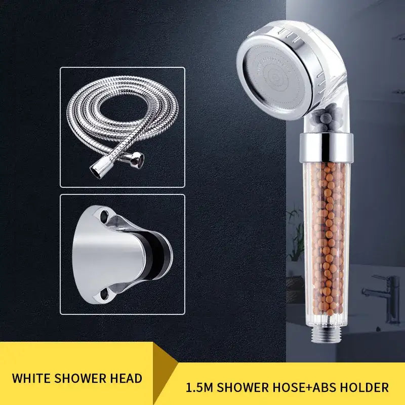 Chrome anion spa shower head with silver finish and transparent body containing brown decorbites anion spa beads