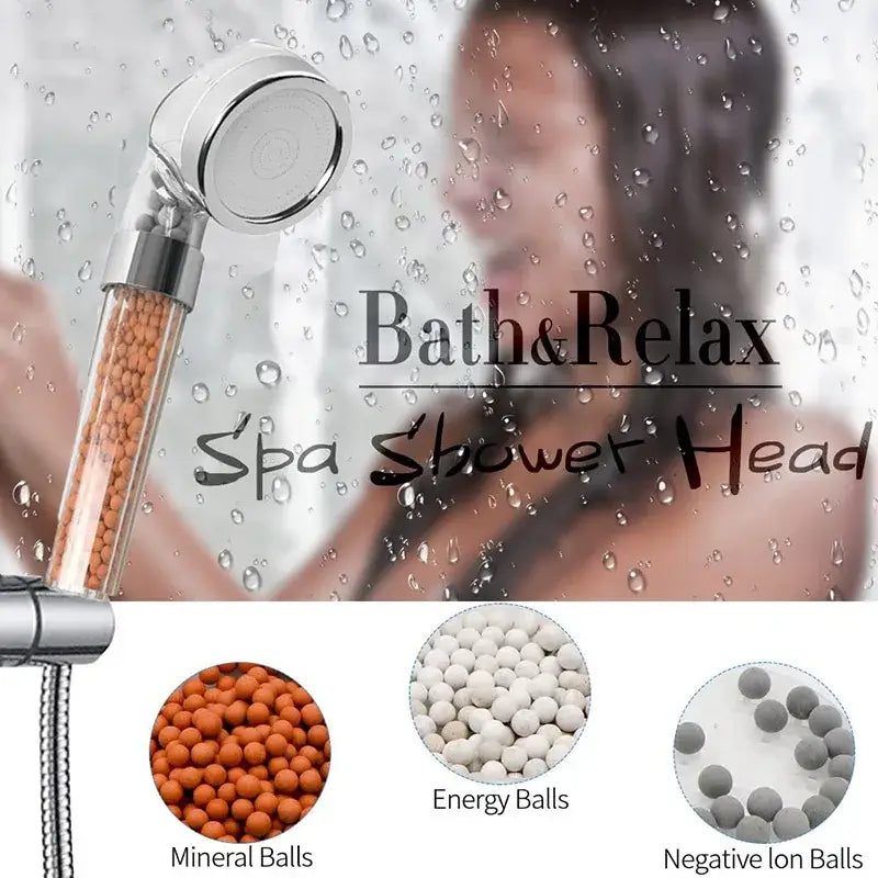 Chrome anion spa shower head with silver tone and transparent section containing orange mineral balls for water saving