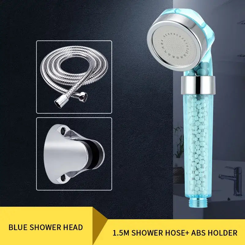 Translucent blue chrome anion spa shower head with visible white filtration beads for high pressure water saving decorbites anion spa shower