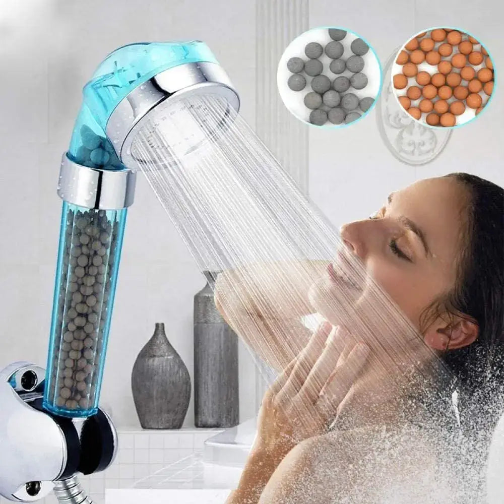 Blue transparent chrome decorbites anion spa shower head with silver accents and visible filtration beads inside housing