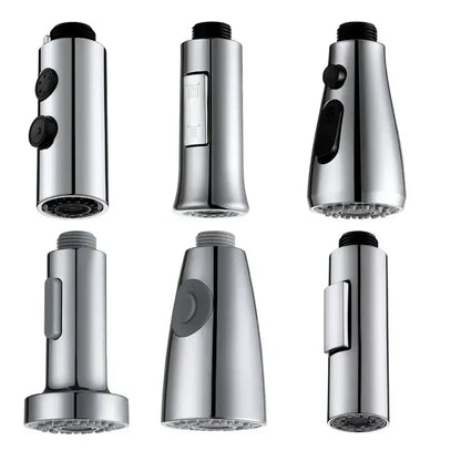 Six chrome and black kitchen faucet small shower heads with textured nozzles and control knobs replacement pack