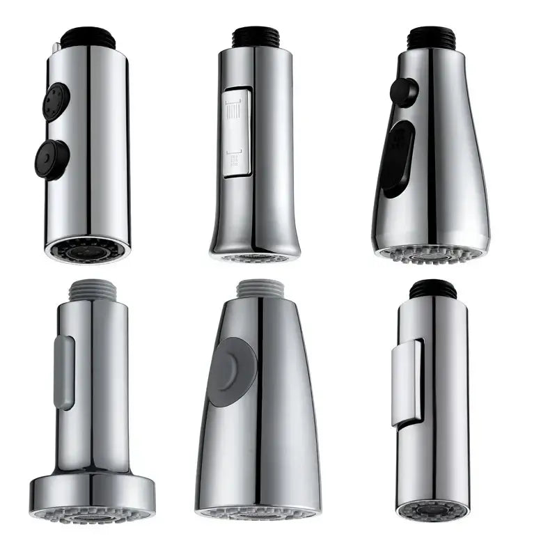 Six chrome and black kitchen faucet small shower heads with textured nozzles and control knobs replacement pack