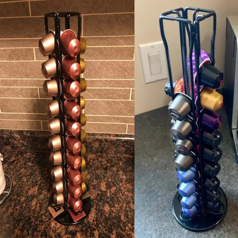 Black metal coffee capsule tower stand holding colorful Nespresso pods for decorbites coffee capsule storage