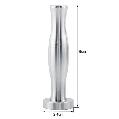 Silver aluminum espresso tamp with textured grip and rounded base for decorbites coffee capsule tower stand storage