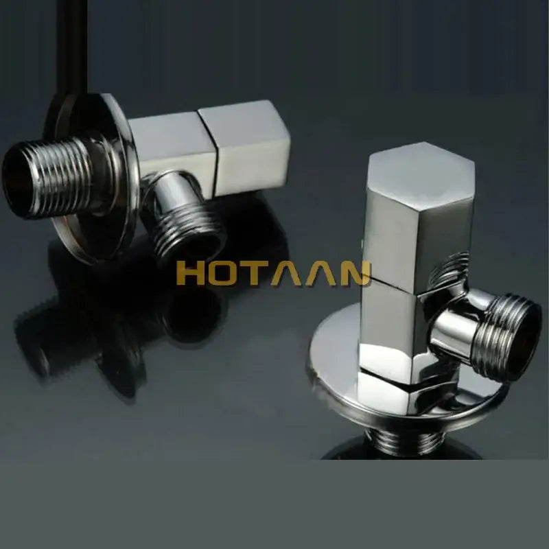 Shiny chrome copper triangle valve set with angular hexagonal tops and threaded connections for bathroom control