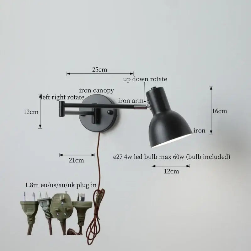 Black iron wall lamp with adjustable arm and canopy featured in decorbites cream led swing arm wall lamp for bedroom