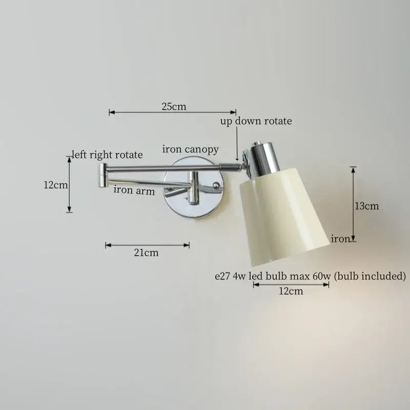 Adjustable chrome cream led swing arm wall lamp with conical shade and iron construction for bedroom decorbites cream led