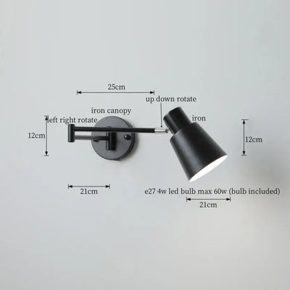 Black iron wall lamp with adjustable rotation featuring decorbites cream led swing arm design for bedroom use