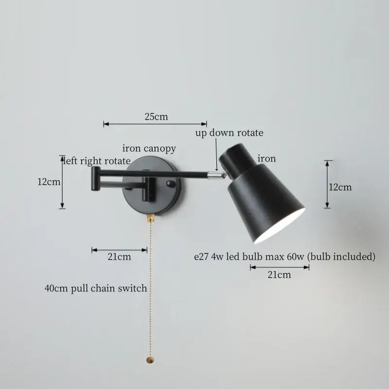 Black iron wall lamp with adjustable conical shade and pull chain switch for decorbites cream led swing bedroom lighting