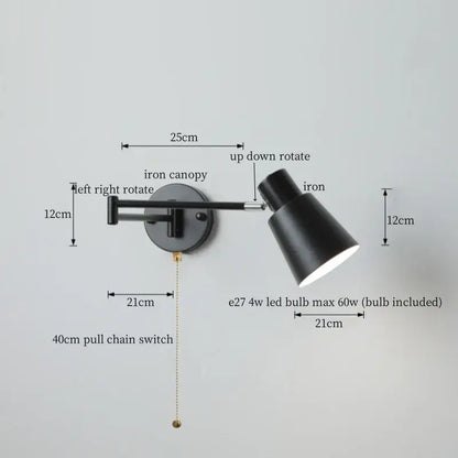 Black iron wall lamp with adjustable conical shade and pull chain switch for decorbites cream led swing bedroom lighting