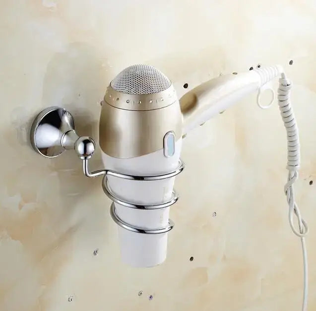 Gold and white handheld hair dryer mounted on chrome wall bracket in crystal bathroom set decorbites brass style