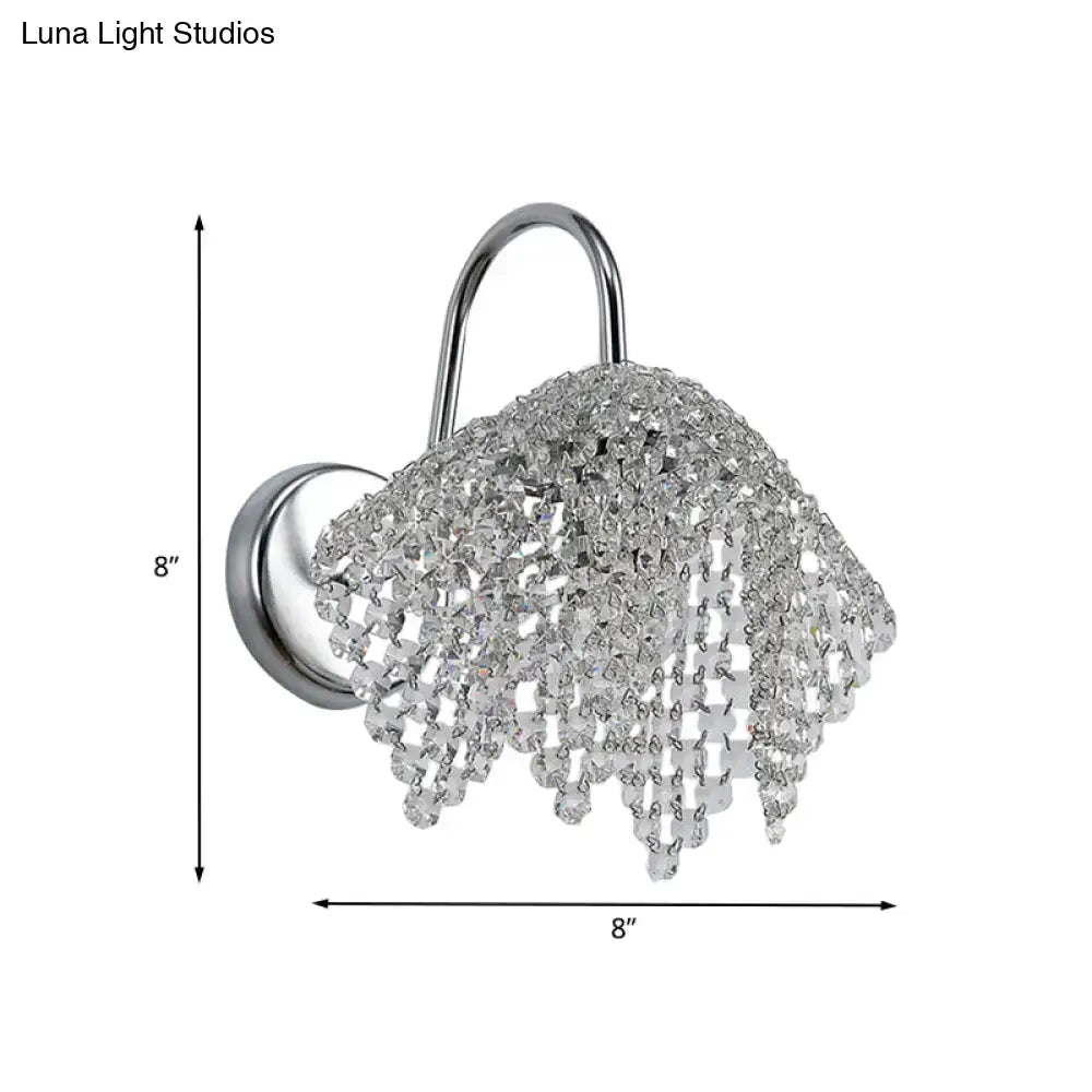 Silver crystal drip wall sconce light wall mount with curved metal arm and circular base for bedroom lighting