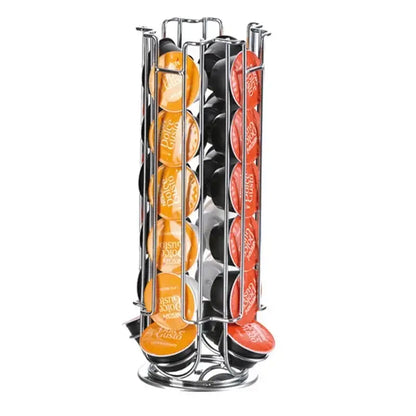 Chrome cylindrical stainless steel coffee pod holder organizing orange red and black dolce gusto coffee pods