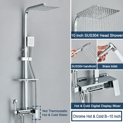 Chrome decorbites digital display shower system with 10-inch chrome rain shower head sus304 stainless steel and hand-held spray nozzle